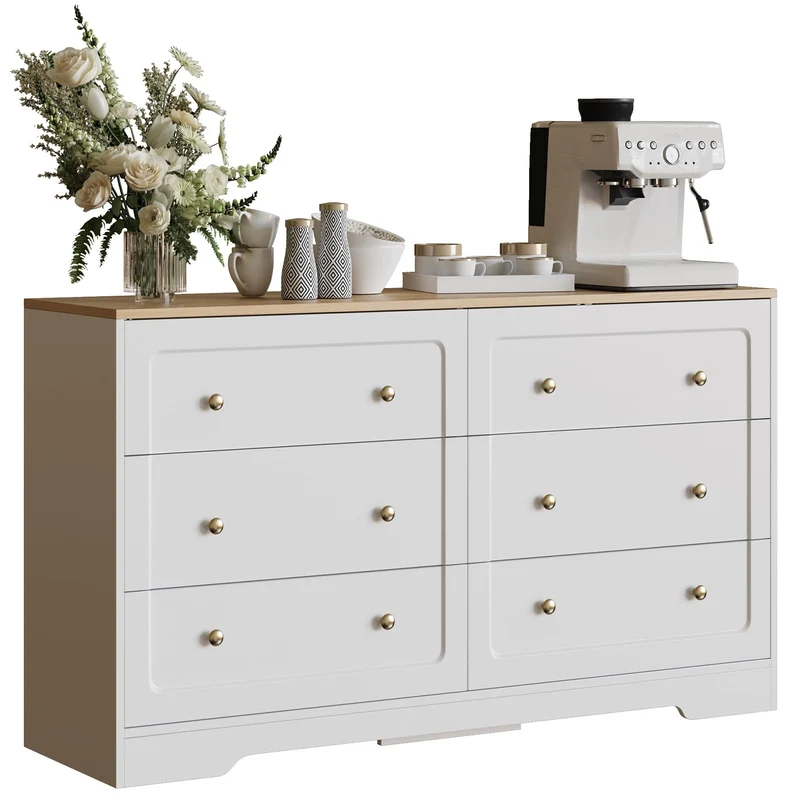 Farmhouse 6 Drawers Dresser White Storage Cabinet with Gold Handles