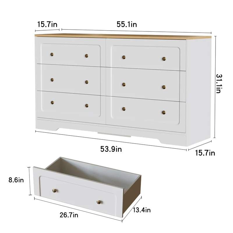 Farmhouse 6 Drawers Dresser White Storage Cabinet with Gold Handles