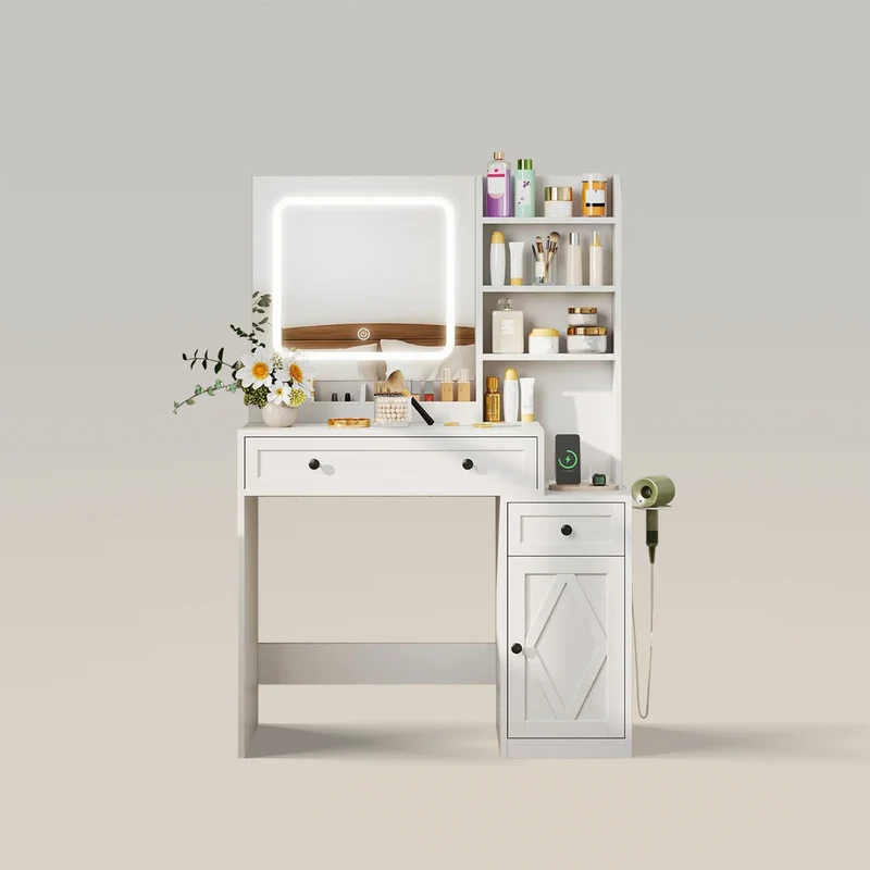 Vanity Desk with Mirror and Lights for Bedroom
