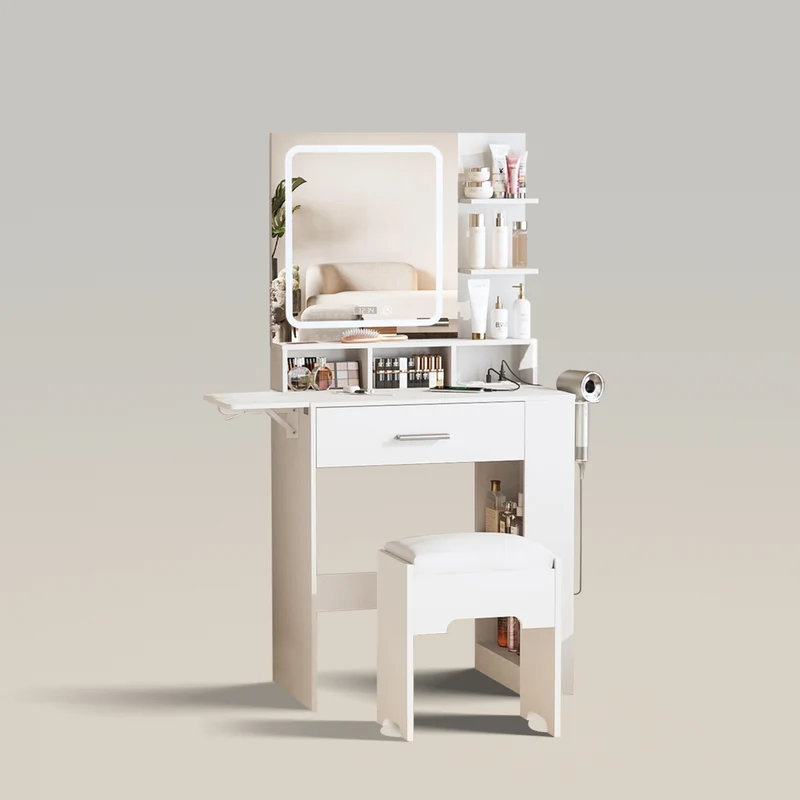 Small Makeup Vanity Desk with Mirror and Light for Bedroom