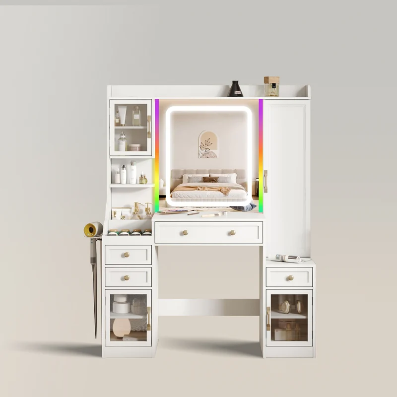 Makeup Vanity Desk with LED Lighted Mirror and Power Strip
