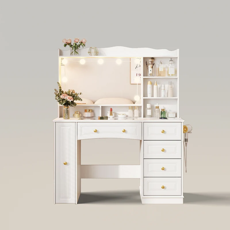 Large Makeup Vanity Table with Glass Top for Bedroom