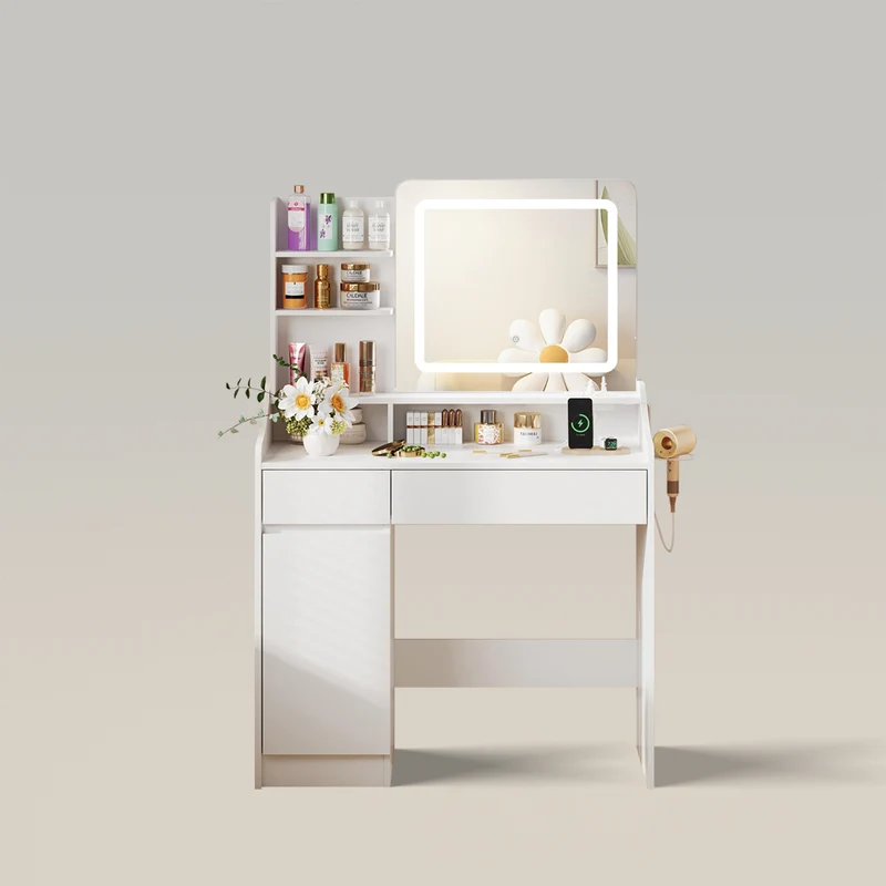 White Makeup Vanity Desk with 2 Drawers and Cabinet