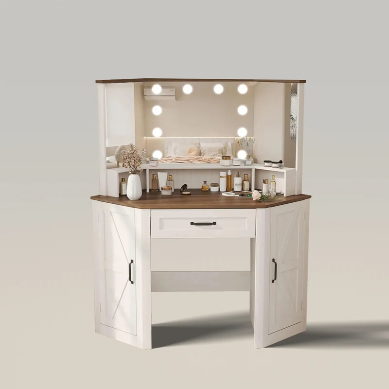 Corner Vanity Desk with Lighted Mirror and Charging Station