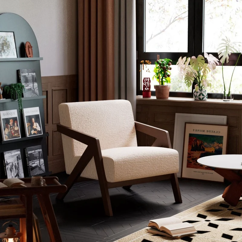 Traditional Vintage Rectangular Rubberwood Sherpa Fabric Jacquard Sponge Cotton and Linen Single Person Accent Chair Backrest Armrest For Living Room