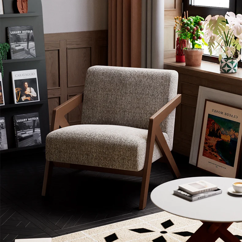 Traditional Vintage Rectangular Rubberwood Sherpa Fabric Jacquard Sponge Cotton and Linen Single Person Accent Chair Backrest Armrest For Living Room