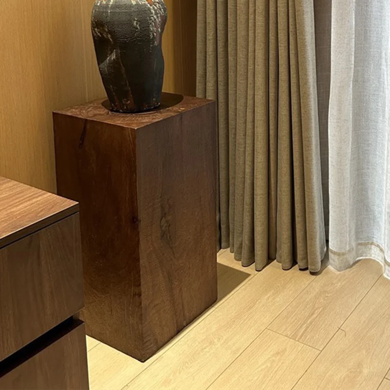 Traditional Vintage Column Distressed Wood Grain Pine Wood End Table For Living Room