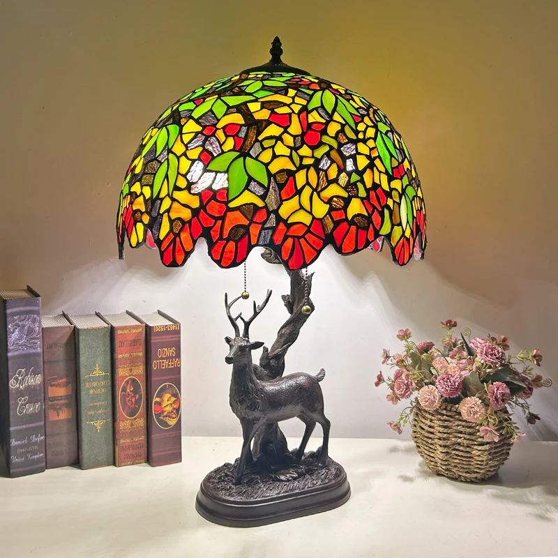 Traditional Tiffany Glass Iron Dome Deer Base Rose Flower 2-Light Table Lamp For Bedroom