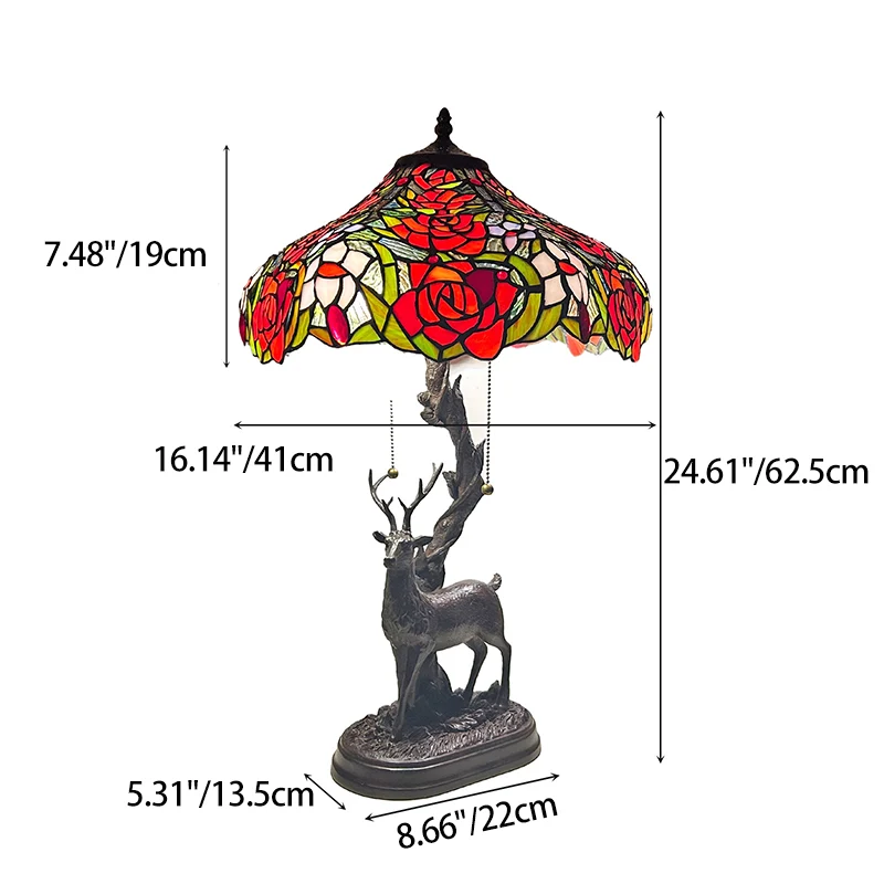 Traditional Tiffany Glass Iron Dome Deer Base Rose Flower 2-Light Table Lamp For Bedroom