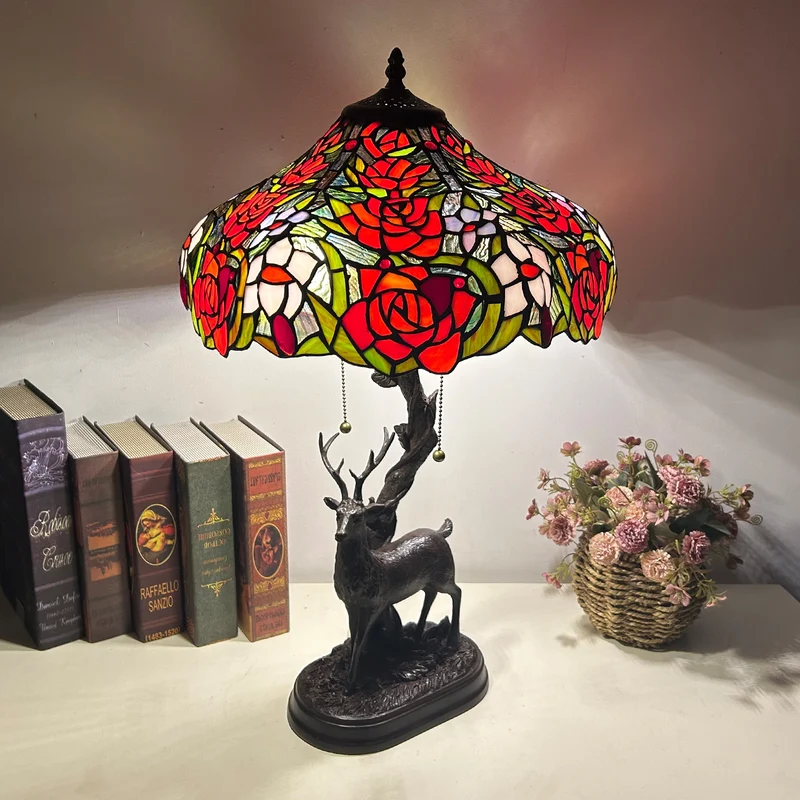 Traditional Tiffany Glass Iron Dome Deer Base Rose Flower 2-Light Table Lamp For Bedroom