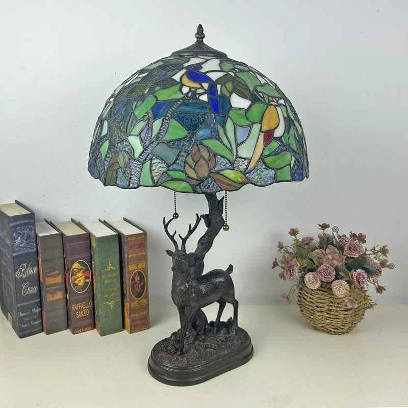 Traditional Tiffany Glass Iron Dome Deer Base Rose Flower 2-Light Table Lamp For Bedroom