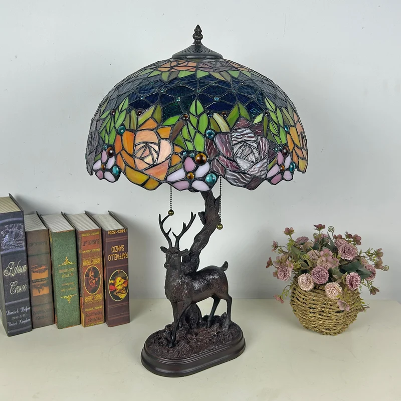 Traditional Tiffany Glass Iron Dome Deer Base Rose Flower 2-Light Table Lamp For Bedroom