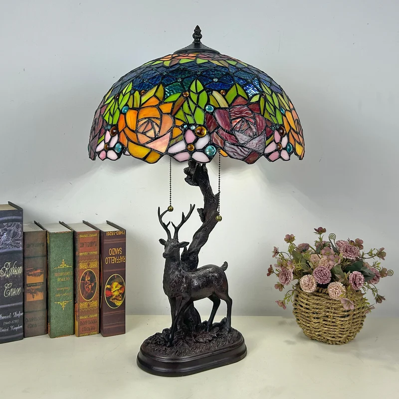 Traditional Tiffany Glass Iron Dome Deer Base Rose Flower 2-Light Table Lamp For Bedroom