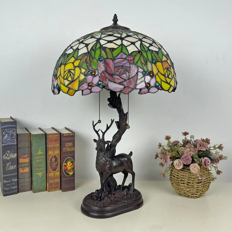 Traditional Tiffany Glass Iron Dome Deer Base Rose Flower 2-Light Table Lamp For Bedroom