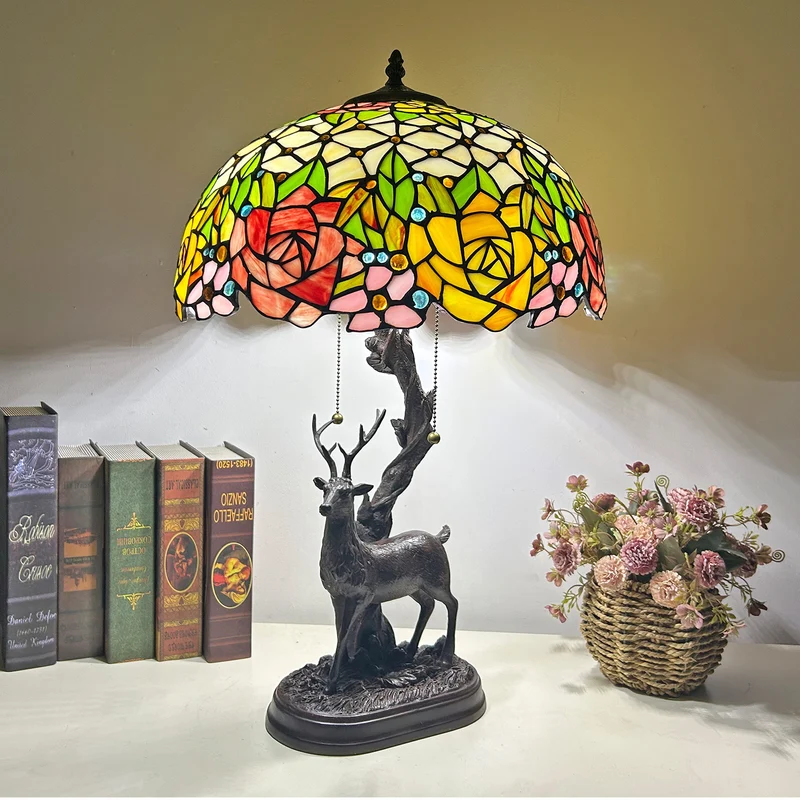 Traditional Tiffany Glass Iron Dome Deer Base Rose Flower 2-Light Table Lamp For Bedroom