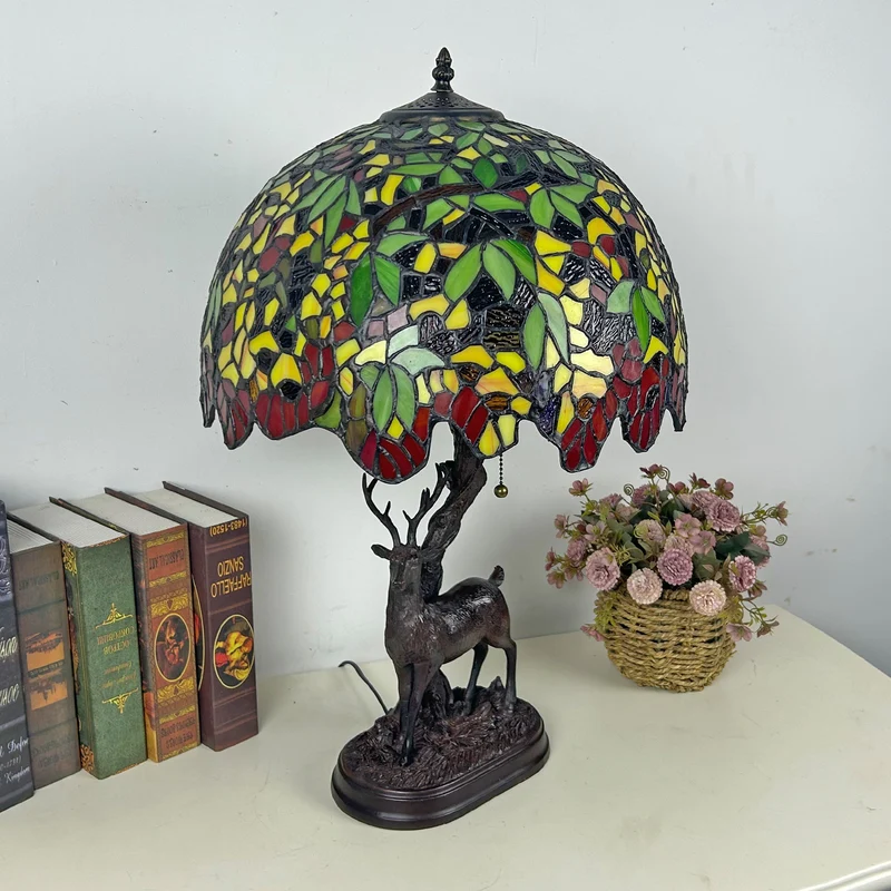 Traditional Tiffany Glass Iron Dome Deer Base Rose Flower 2-Light Table Lamp For Bedroom