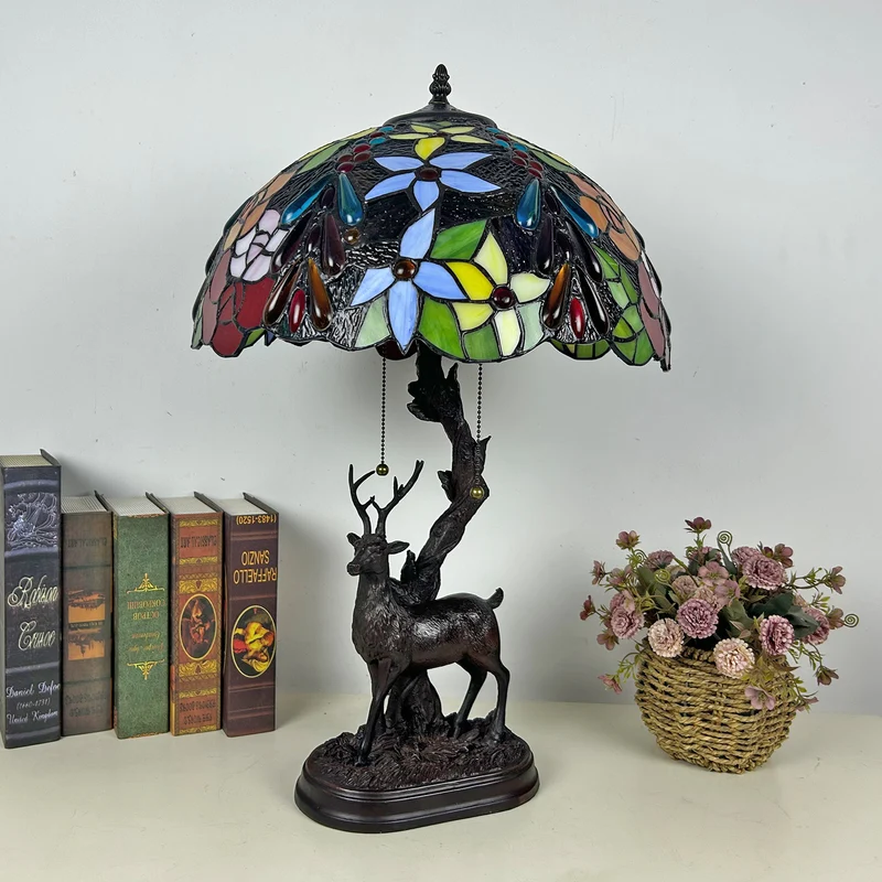 Traditional Tiffany Glass Iron Dome Deer Base Rose Flower 2-Light Table Lamp For Bedroom