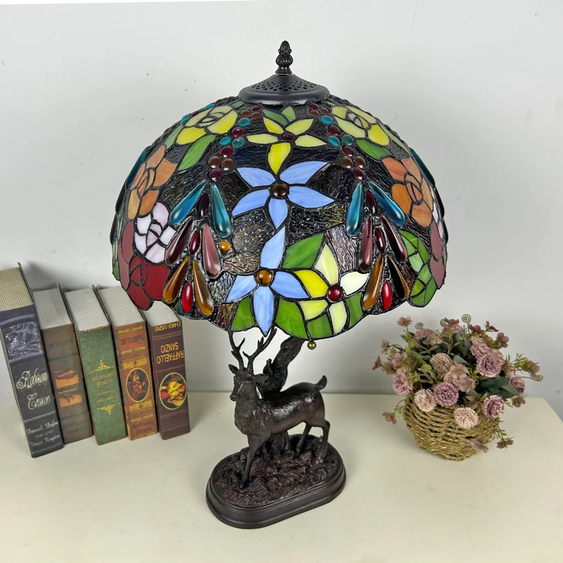 Traditional Tiffany Glass Iron Dome Deer Base Rose Flower 2-Light Table Lamp For Bedroom