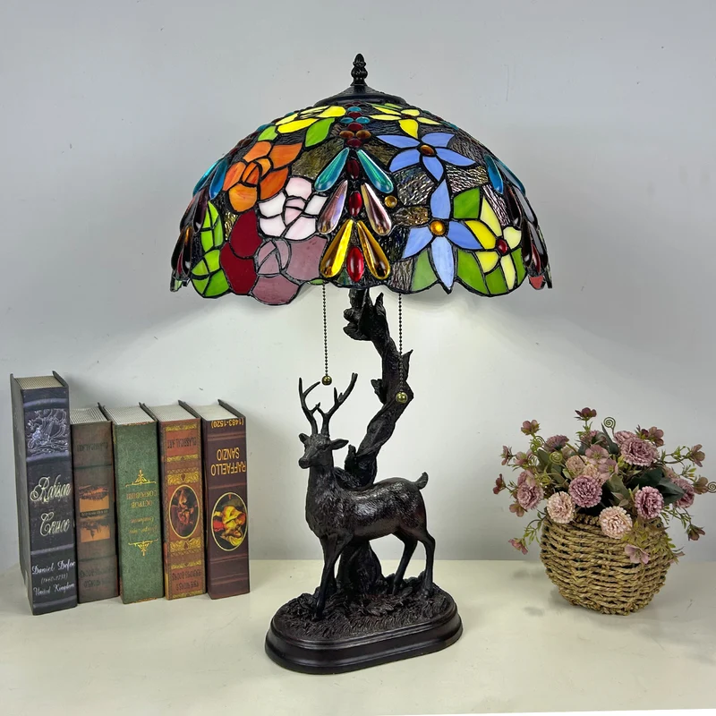 Traditional Tiffany Glass Iron Dome Deer Base Rose Flower 2-Light Table Lamp For Bedroom