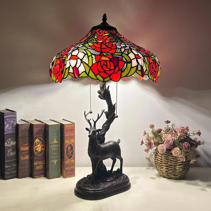 Traditional Tiffany Glass Iron Dome Deer Base Rose Flower 2-Light Table Lamp For Bedroom