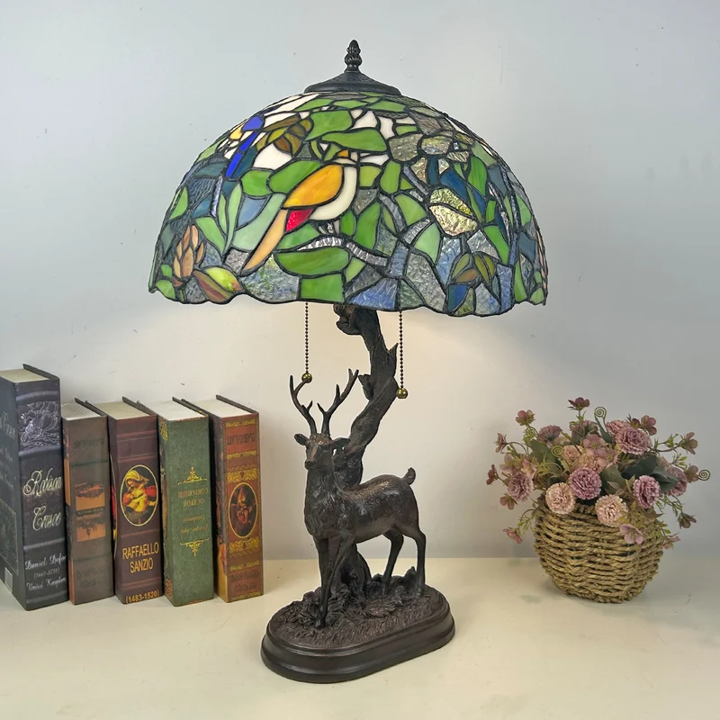 Traditional Tiffany Glass Iron Dome Deer Base Rose Flower 2-Light Table Lamp For Bedroom