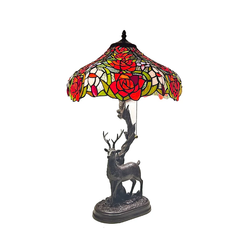 Traditional Tiffany Glass Iron Dome Deer Base Rose Flower 2-Light Table Lamp For Bedroom