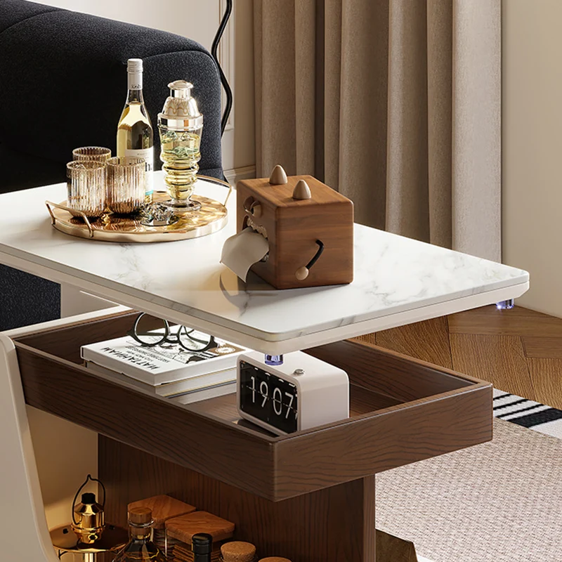 Contemporary Luxury Rectangular Rock Slabs Stainless Steel & MDF Liftable End Table 3-Tier For Living Room