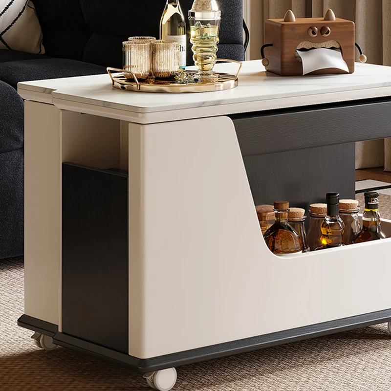 Contemporary Luxury Rectangular Rock Slabs Stainless Steel & MDF Liftable End Table 3-Tier For Living Room