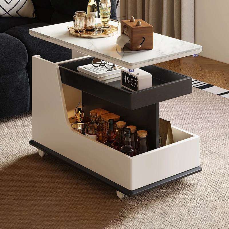 Contemporary Luxury Rectangular Rock Slabs Stainless Steel & MDF Liftable End Table 3-Tier For Living Room