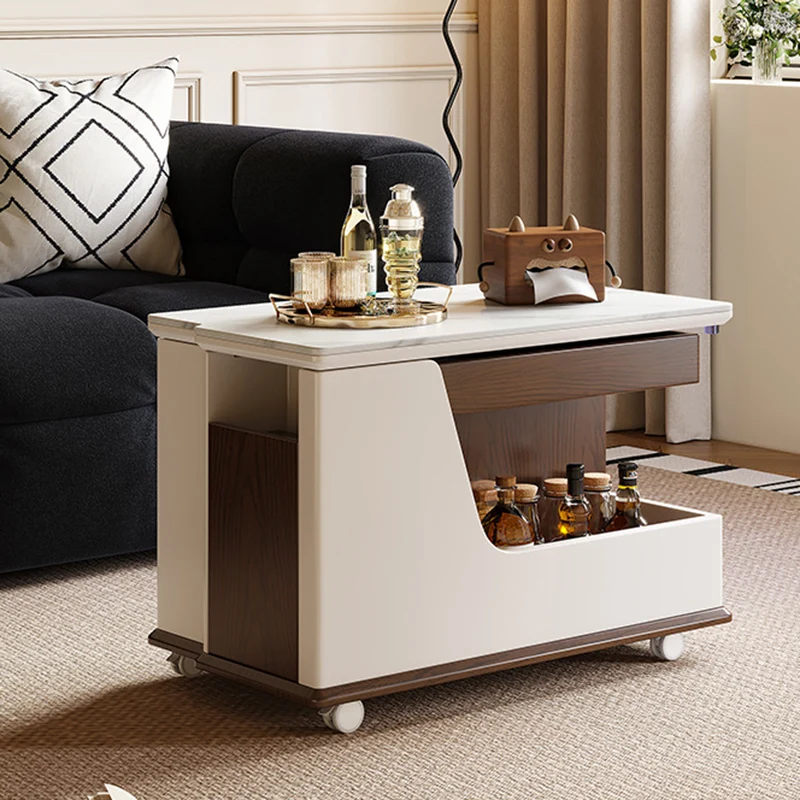 Contemporary Luxury Rectangular Rock Slabs Stainless Steel & MDF Liftable End Table 3-Tier For Living Room