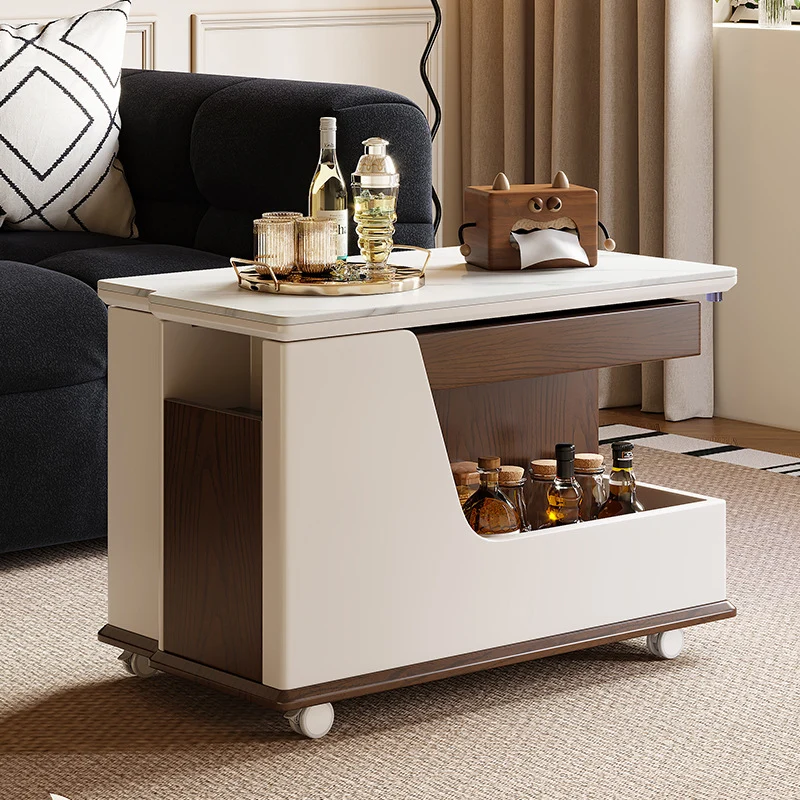 Contemporary Luxury Rectangular Rock Slabs Stainless Steel & MDF Liftable End Table 3-Tier For Living Room
