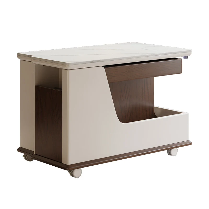 Contemporary Luxury Rectangular Rock Slabs Stainless Steel & MDF Liftable End Table 3-Tier For Living Room