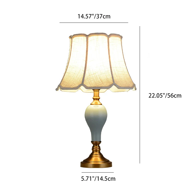 Traditional Chinese Brass Ceramic Fabric Round Fan-Shaped 1-Light Table Lamp For Bedroom