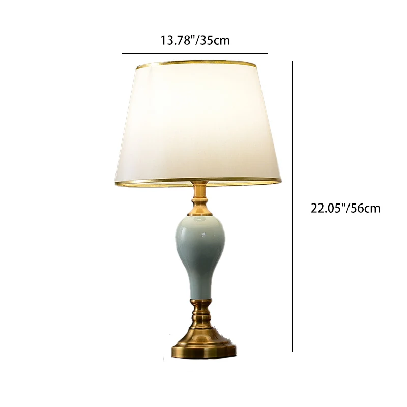 Traditional Chinese Brass Ceramic Fabric Round Fan-Shaped 1-Light Table Lamp For Bedroom