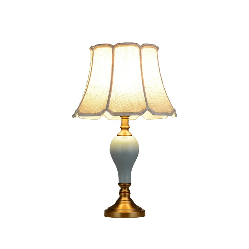 Traditional Chinese Brass Ceramic Fabric Round Fan-Shaped 1-Light Table Lamp For Bedroom