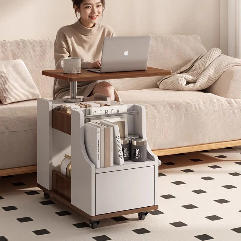 Contemporary Nordic Eco-Board & Stainless Steel Trapezoid Side Table With 1-Drawer And Rotatable Liftable Top For Bedroom & Living Room