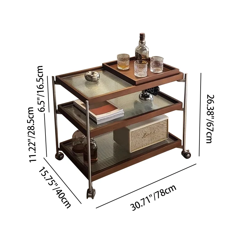 Traditional Vintage Wood, Glass & Stainless Steel Rectangular Side Table With 3-Tier Storage For Living Room & Bedroom