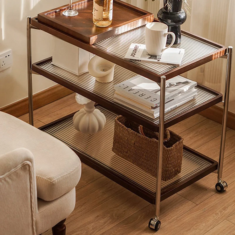 Traditional Vintage Wood, Glass & Stainless Steel Rectangular Side Table With 3-Tier Storage For Living Room & Bedroom