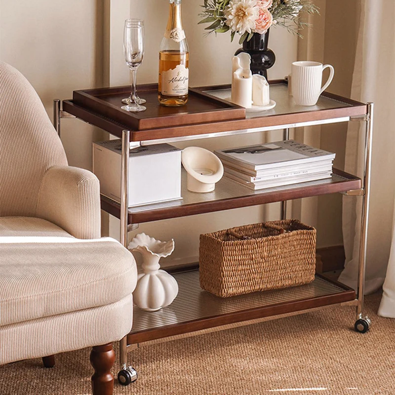 Traditional Vintage Wood, Glass & Stainless Steel Rectangular Side Table With 3-Tier Storage For Living Room & Bedroom