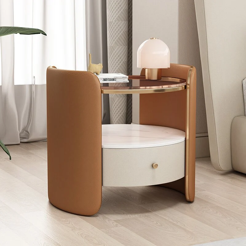 Modern Minimalist Glass, Rock Slab & Wood Round Cylinder Nightstand With 1-Drawer For Bedroom & Living Room