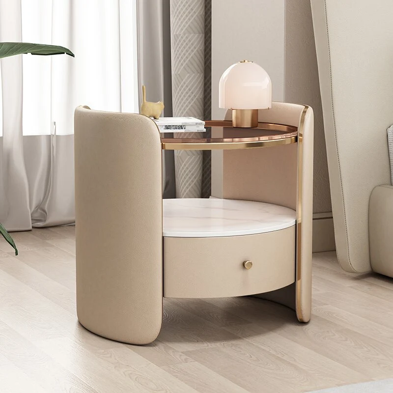 Modern Minimalist Glass, Rock Slab & Wood Round Cylinder Nightstand With 1-Drawer For Bedroom & Living Room