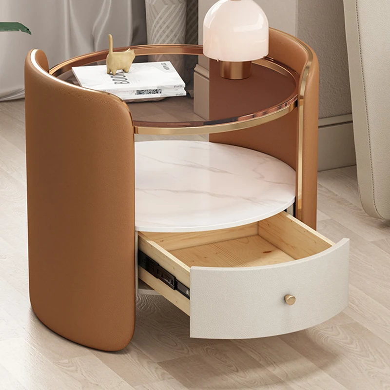 Modern Minimalist Glass, Rock Slab & Wood Round Cylinder Nightstand With 1-Drawer For Bedroom & Living Room