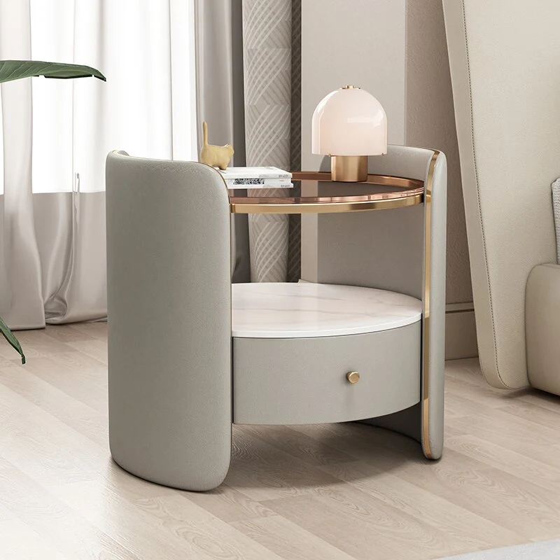 Modern Minimalist Glass, Rock Slab & Wood Round Cylinder Nightstand With 1-Drawer For Bedroom & Living Room