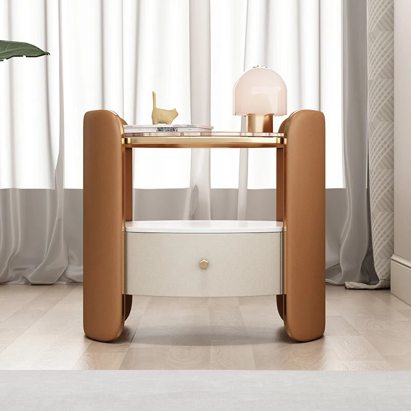 Modern Minimalist Glass, Rock Slab & Wood Round Cylinder Nightstand With 1-Drawer For Bedroom & Living Room
