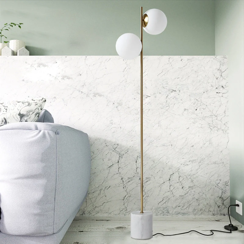 Contemporary Nordic Marble Metal & Glass Round 2-Light Standing Floor Lamp For Living Room & Bedroom