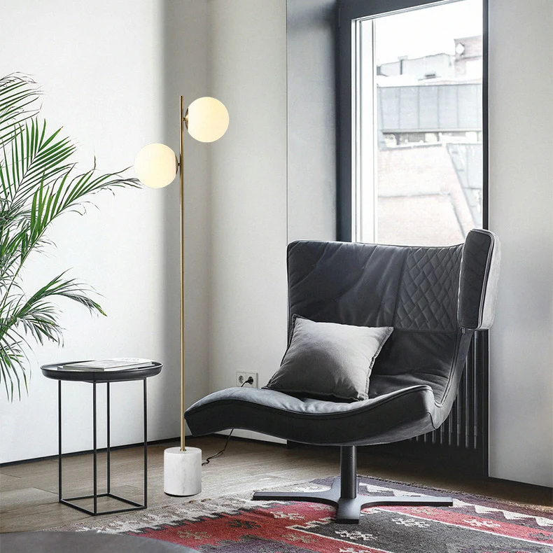 Contemporary Nordic Marble Metal & Glass Round 2-Light Standing Floor Lamp For Living Room & Bedroom