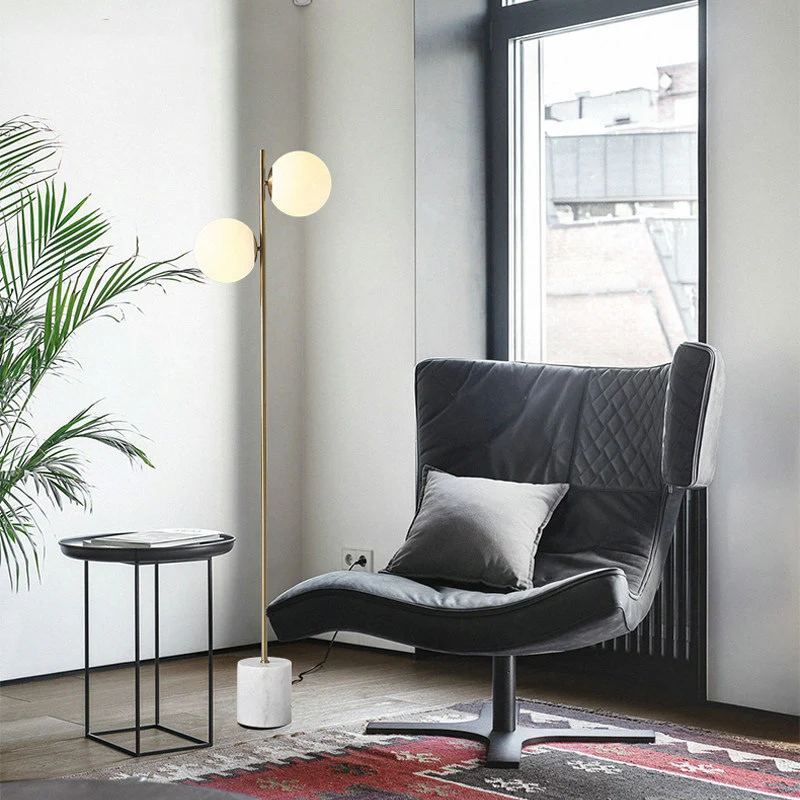 Contemporary Nordic Marble Metal & Glass Round 2-Light Standing Floor Lamp For Living Room & Bedroom