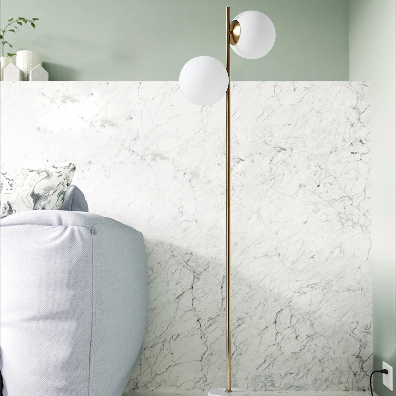 Contemporary Nordic Marble Metal & Glass Round 2-Light Standing Floor Lamp For Living Room & Bedroom