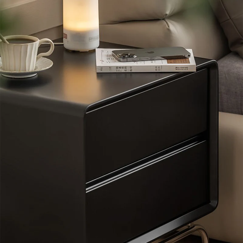 Contemporary Nordic Wood & Stainless Steel Rectangular Nightstand With 2 Drawers For Bedroom & Living Room