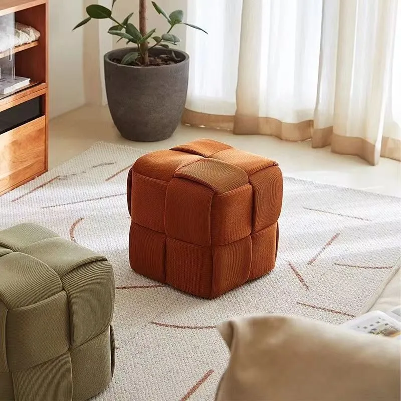 Contemporary Nordic Corduroy Solid Wood Square Cube Low Stool With Anti-Slip Feet For Bedroom & Living Room